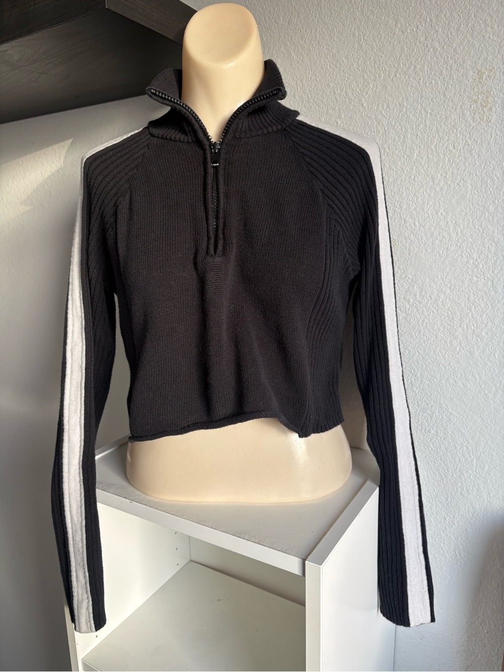 Brandy Melville Black Cropped Half-Zip Sweater with White Sleeve Stripes